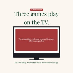 A television mockup showing a big-type trivia question slide from TV MODE, with the note: any TV or laptop, any free PDF viewer, no PowerPoint, no app. Three games included in TV mode.