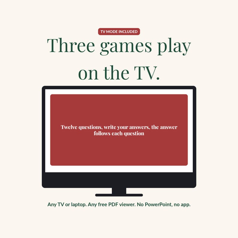 A television mockup showing a big-type trivia question slide from TV MODE, with the note: any TV or laptop, any free PDF viewer, no PowerPoint, no app. Three games included in TV mode.