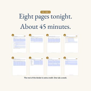 The Core-8 path: eight numbered page thumbnails from the binder, the eight pages to fill in tonight in about 45 minutes, with the note that the rest is extra credit, one tab a week.