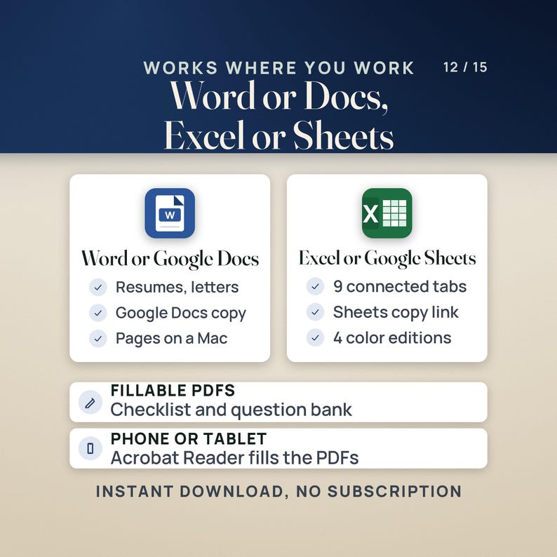 Works where you work: resumes and letters in Word or Google Docs (Pages on a Mac too), the tracker in Excel or Google Sheets with 9 connected tabs and 4 color editions, and fillable PDFs for the checklist and question bank that Acrobat Reader fills on a phone or tablet.