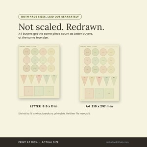 Comparison headed 'Not scaled. Redrawn.', noting that A4 buyers get the same piece count as Letter buyers at the same true size. Two versions of the same round labels and pennants sheet sit side by side, captioned LETTER 8.5 x 11 in and A4 210 x 297 mm. A line beneath reads: shrink to fit is what breaks a printable, neither file needs it. Footer: print at 100%, actual size.