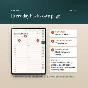 The daily page for Tuesday, March 16, 2027: a 6 AM to 9 PM schedule, Top 3, to-do list and notes, with a breadcrumb back to March 2027 and Week 11. 426 dated days from Nov 1, 2026 to Dec 31, 2027.