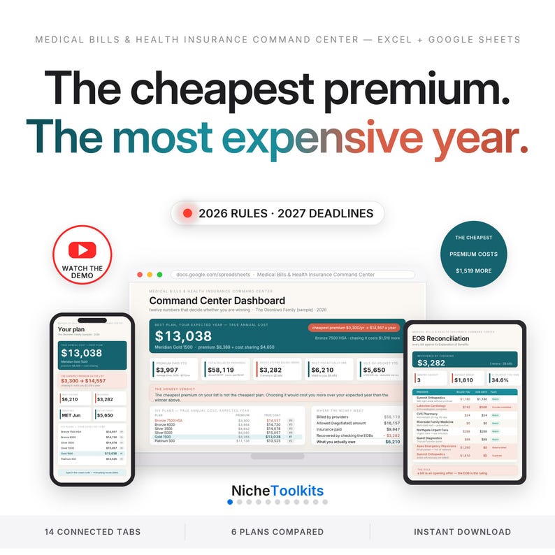 May include: A digital medical bills and health insurance command center dashboard for Excel and Google Sheets. The interface displays financial data, plan comparisons, and EOB reconciliation across a desktop, smartphone, and tablet screen layout.