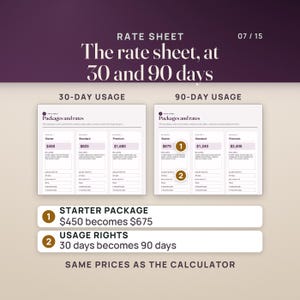 The portfolio's rate sheet page twice. At 30-day usage the three packages read $450, $825 and $1,600; at 90-day usage they read $675, $1,240 and $2,405, the same prices the Rate Calculator works out.