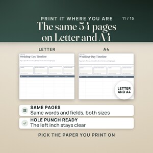 The same blank Wedding-Day Timeline page printed on US Letter and on A4, side by side, with the same sun boxes and table columns. Headline: the same 54 pages on Letter and A4. A seal reads Letter and A4. Rows read: same pages, same words and fields on both sizes; hole punch ready, the left inch stays clear. Caption: pick the paper you print on.