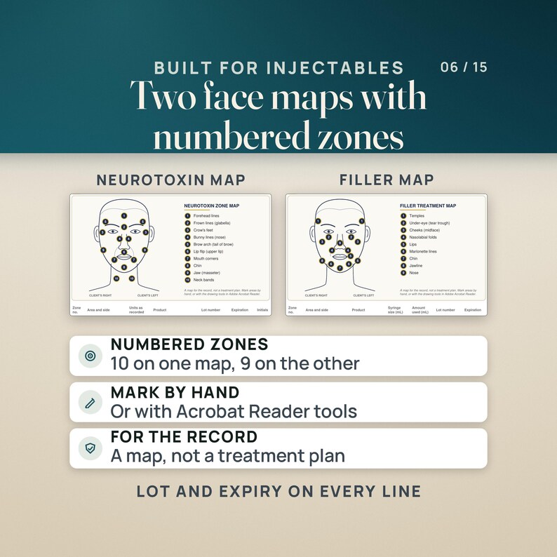 The two line-drawn face maps from the treatment record pages: the neurotoxin zone map with 10 numbered zones and the filler treatment map with 9, each with its zone legend and the header of a record table with lot number and expiration columns. Rows note that areas are marked by hand or with Acrobat Reader tools, and that each is a map for the record, not a treatment plan.