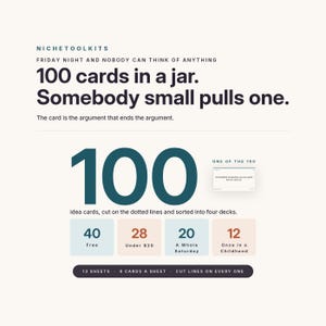 Op de afbeelding: Een digitale afbeelding voor 100 idee&euml;nkaarten in een pot, met de tekst: NICHETOOLKITS, FRIDAY NIGHT AND NOBODY CAN THINK OF ANYTHING, 100 cards in a jar. Somebody small pulls one. The card is the argument that ends the argument. 100 idea cards, cut on the dotted lines and sorted into four decks: 40 Free, 28 Under $20, 20 A Whole Saturday, 12 Once in a Childhood. 13 SHEETS, 8 CARDS A SHEET, CUT LINES ON EVERY ONE.