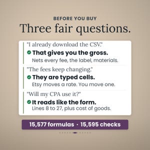 Pode incluir: Um gr&aacute;fico informativo intitulado BEFORE YOU BUY Three fair questions. Lista tr&ecirc;s preocupa&ccedil;&otilde;es comuns sobre downloads CSV, taxas e compatibilidade com CPA, com respostas para cada uma. Uma barra roxa na base exibe 15.577 f&oacute;rmulas e 15.595 verifica&ccedil;&otilde;es.