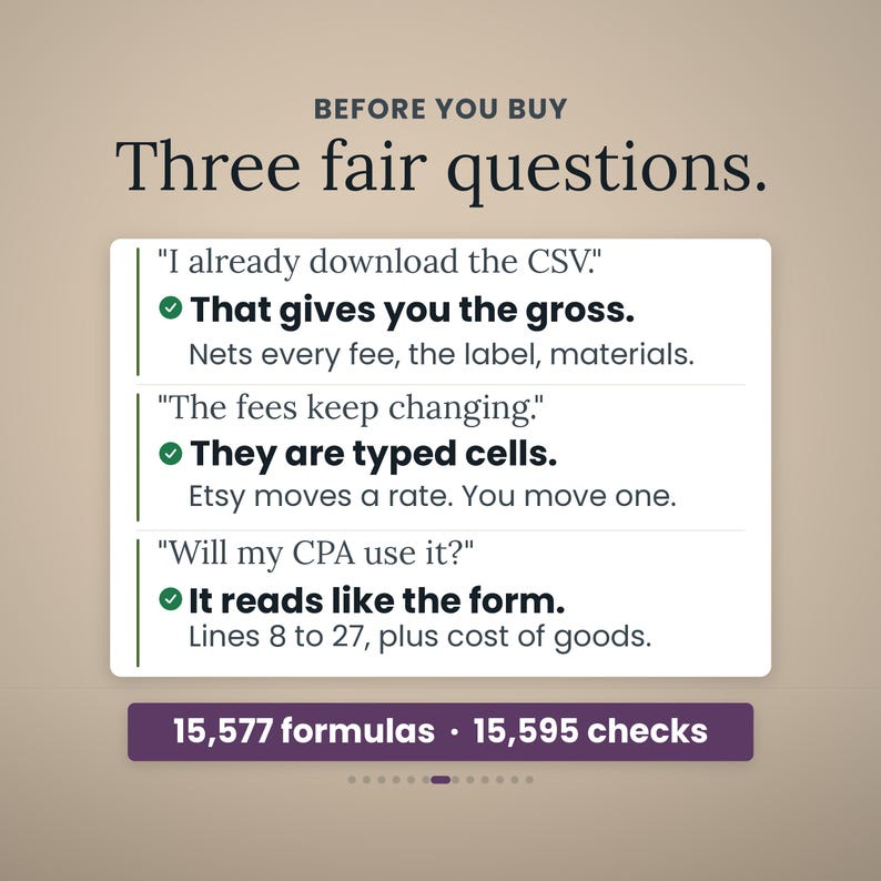 Pode incluir: Um gr&aacute;fico informativo intitulado BEFORE YOU BUY Three fair questions. Lista tr&ecirc;s preocupa&ccedil;&otilde;es comuns sobre downloads CSV, taxas e compatibilidade com CPA, com respostas para cada uma. Uma barra roxa na base exibe 15.577 f&oacute;rmulas e 15.595 verifica&ccedil;&otilde;es.
