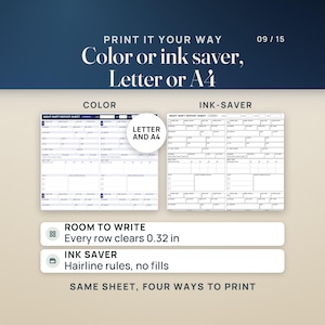 May include: A digital night shift report sheet template available in colour or ink-saver versions for Letter and A4 paper. The design features rows with 0.81 cm spacing, hairline rules, and no fills. Text includes PRINT IT YOUR WAY and 09 / 15.