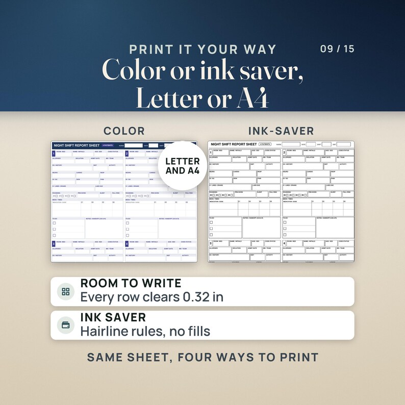 May include: A digital night shift report sheet template available in colour or ink-saver versions for Letter and A4 paper. The design features rows with 0.81 cm spacing, hairline rules, and no fills. Text includes PRINT IT YOUR WAY and 09 / 15.
