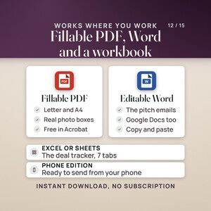 Where it opens: a fillable PDF on Letter and A4 with real photo boxes, free in Acrobat Reader; editable Word for the pitch emails, which also opens in Google Docs; the deal tracker in Excel or Google Sheets with 7 tabs; and a phone edition ready to send from a phone.