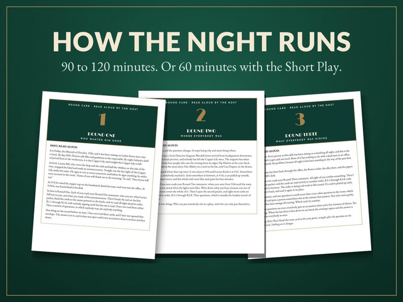 K&ouml;nnte beinhalten: Drei wei&szlig;e Spielkarten mit dunkelgr&uuml;nen Kopfzeilen und goldenem Text. Die Karten sind mit Round One, Round Two und Round Three beschriftet. Der Text oben lautet HOW THE NIGHT RUNS 90 to 120 minutes. Or 60 minutes with the Short Play.