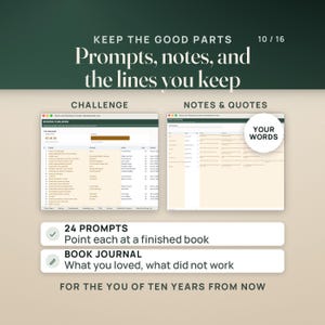 May include: A digital reading tracker spreadsheet featuring a reading challenge section with 24 prompts and a notes and quotes section. The interface displays columns for book titles, authors, and dates, with text reading KEEP THE GOOD PARTS.