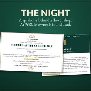 K&ouml;nnte beinhalten: Ein Krimispiel-Set mit dem Titel The Night, bestehend aus einer wei&szlig;en Einladungskarte f&uuml;r Murder at the Copper Lily und einer gr&uuml;nen Anleitungskarte. Der Text beschreibt eine Fl&uuml;sterkneipe hinter einem Blumenladen, deren Besitzer um 9:58 Uhr stirbt.