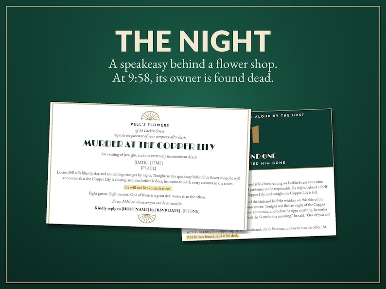 K&ouml;nnte beinhalten: Ein Krimispiel-Set mit dem Titel The Night, bestehend aus einer wei&szlig;en Einladungskarte f&uuml;r Murder at the Copper Lily und einer gr&uuml;nen Anleitungskarte. Der Text beschreibt eine Fl&uuml;sterkneipe hinter einem Blumenladen, deren Besitzer um 9:58 Uhr stirbt.