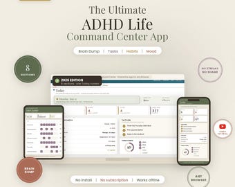 App Centro di Comando per la Vita con ADHD / Dashboard Interattiva per la Vita su Qualsiasi Browser / Agenda Giornaliera, Monitoraggio di Abitudini e Routine / Neurodivergente