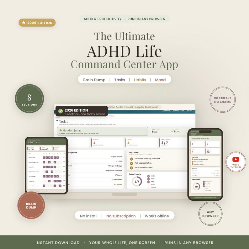 ADHD Life Command Center App | Interactive Life Dashboard for Any Browser | Daily Planner, Habit & Routine Tracker | Neurodivergent image 1