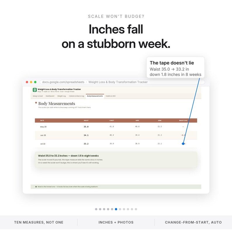 May include: A digital spreadsheet titled Weight Loss & Body Transformation Tracker displaying body measurement data. Text reads: Scale won't budge? Inches fall on a stubborn week. The tape doesn't lie. Waist 35.0 to 33.2 inches down 1.8 inches in 8 weeks.