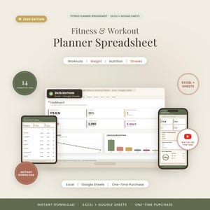 Foglio di calcolo per la pianificazione di fitness e allenamenti / Fogli Google + Excel Monitoraggio degli allenamenti in palestra, perdita di peso, calcolatore di macronutrienti, misurazioni corporee, 1RM immagine 1