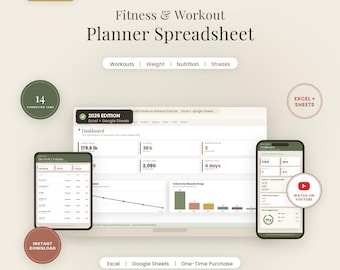 Fitness & Workout Planner Spreadsheet | Google Sheets + Excel Gym Workout Tracker, Weight Loss, Macro Calculator, Body Measurements, 1RM