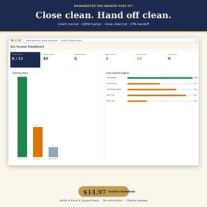 May include: A digital tax season dashboard for bookkeepers, featuring a client tracker, 1099 tracker, close checklist, and CPA handoff. The interface displays progress bars, bar charts, and numerical data for client status in Excel and Google Sheets.