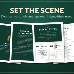 K&ouml;nnte beinhalten: Ein Set aus druckbaren Spielmaterialien mit dunkelgr&uuml;nem Hintergrund sowie goldenem Text und Akzenten. Die Seiten enthalten den Titel SET THE SCENE, Anweisungen f&uuml;r ein T&uuml;rpasswort, ein Willkommensschild und verschiedene Spielkarten.