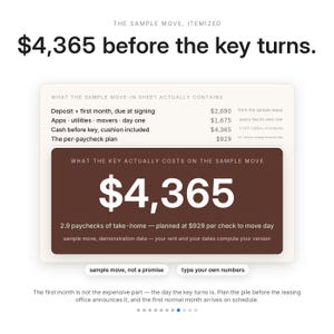 May include: An infographic titled The Sample Move, Itemized, displaying a total of $4,365 before the key turns. It includes a breakdown of deposit, first month, apps, utilities, and movers, plus a section for the per-paycheck plan and input buttons.