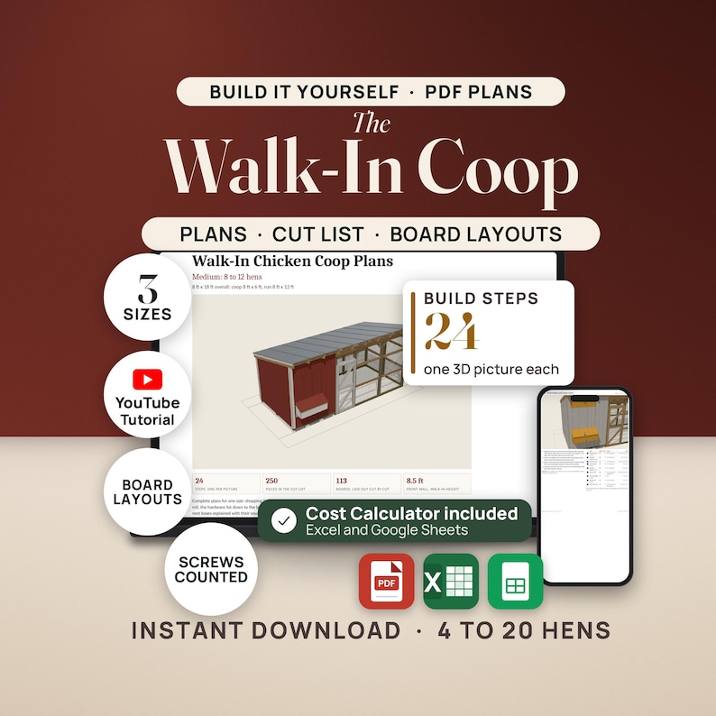 The Walk-In Coop: printable PDF building plans for a walk-in chicken coop and covered run. A laptop shows the cover of the Medium plans with a 3D picture of the finished coop and its fact tiles: 24 steps, 250 pieces in the cut list, 113 boards, 8.5 ft front wall. A callout reads build steps 24, one 3D picture each. A phone shows the nest box step. Seals read 3 sizes, YouTube tutorial, board layouts and screws counted. Cost Calculator for Excel and Google Sheets.