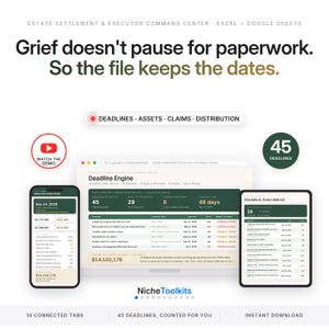 Executor Checklist Spreadsheet | Estate Settlement and Probate Tracker for Excel and Google Sheets | Asset Inventory and Deadlines