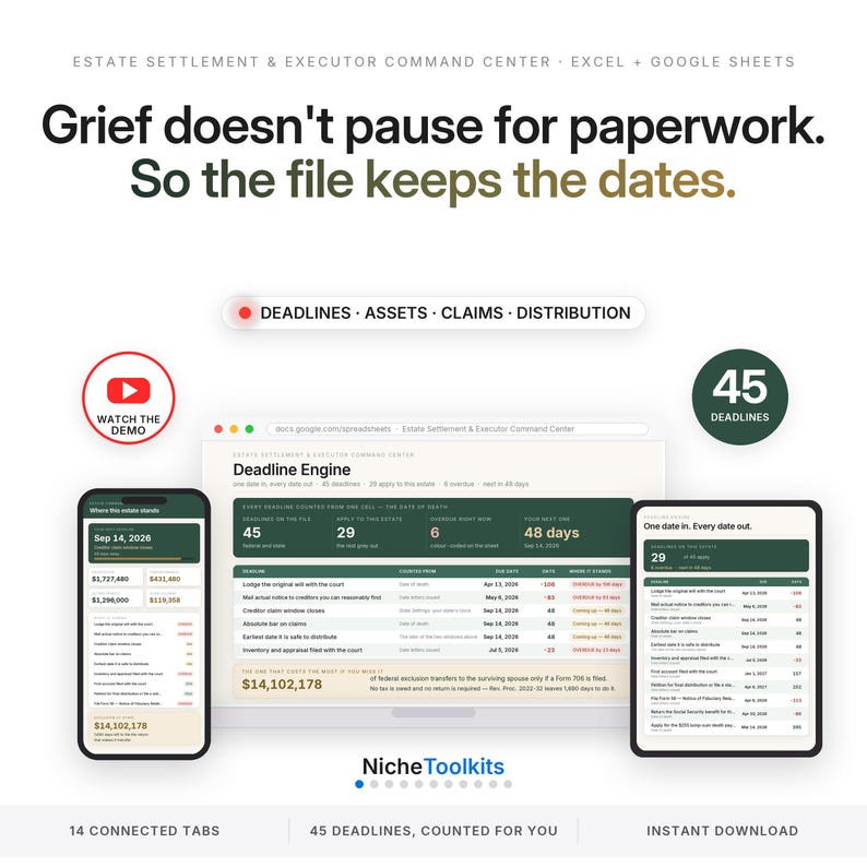 May include: Estate settlement and executor command center spreadsheet for Excel and Google Sheets. Features include a deadline engine, 45 deadlines, assets, claims, and distribution tracking. Displays a dashboard with data tables, mobile and tablet views, and a demo link.