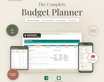Budget Planner Spreadsheet | Monthly, Paycheck and Annual Budget Template for Excel and Google Sheets | Bills, Savings and Net Worth