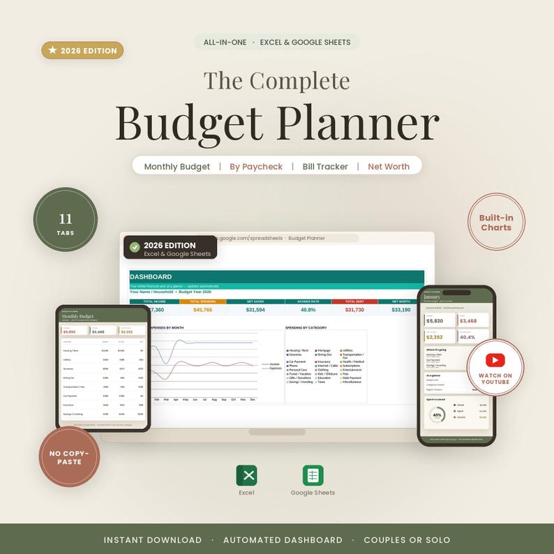 May include: A digital budget planner for Excel and Google Sheets titled The Complete Budget Planner 2026 Edition. The display shows a dashboard with financial charts, monthly budget tables, and expense categories on a laptop, tablet, and smartphone screen.