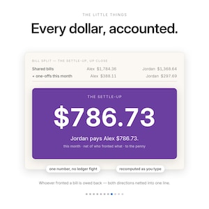 May include: A digital interface display featuring the text "Every dollar, accounted." and a "Bill Split" summary box. A purple rectangle highlights the amount "$786.73" with the instruction "Jordan pays Alex $786.73." and additional financial data.