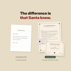 Puede incluir: Un gr&aacute;fico comparativo que muestra una carta gen&eacute;rica de Santa Claus a la izquierda y una carta personalizada junto a un Certificado Oficial de la Lista de Buenos a la derecha. El texto dice: The difference is that Santa knew, FROM SANTA, From the Desk of Santa Claus y Official Nice List Certificate.