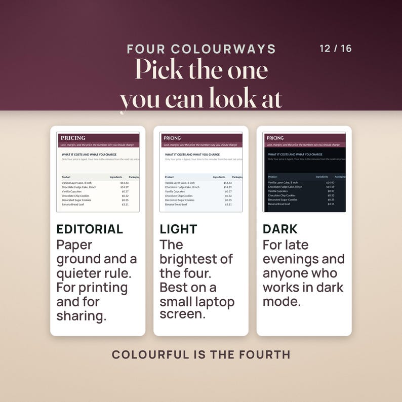 May include: A digital graphic displaying four colorway options for a pricing template. Three vertical panels show editorial, light, and dark themes with text labels and pricing tables. The top text reads FOUR COLOURWAYS Pick the one you can look at.