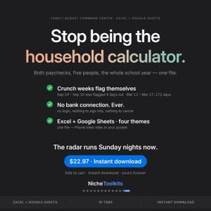 May include: A digital family budget command center for Excel and Google Sheets with a black background. Text reads: Stop being the household calculator. Both paychecks, five people, the whole school year &mdash; one file. Includes features like crunch week flags, no bank connection, and four themes. Features a blue instant download button.