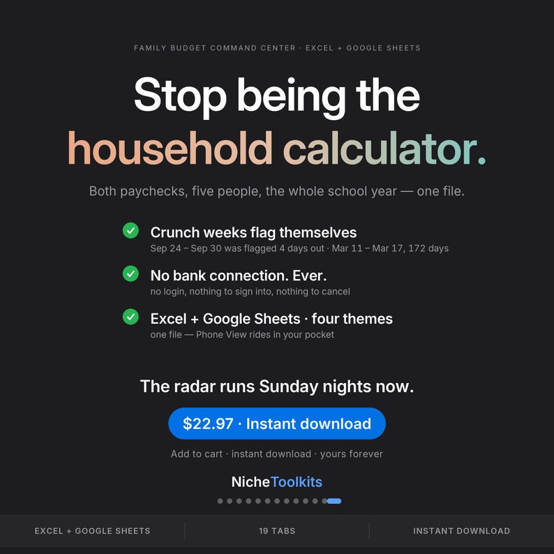 May include: A digital family budget command center for Excel and Google Sheets with a black background. Text reads: Stop being the household calculator. Both paychecks, five people, the whole school year &mdash; one file. Includes features like crunch week flags, no bank connection, and four themes. Features a blue instant download button.