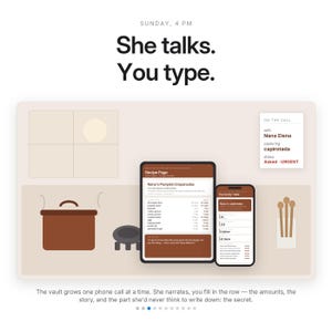 May include: A digital interface display featuring the text 'She talks. You type.' above a tablet and smartphone showing recipe pages for 'Nana's Pumpkin Empanadas' and 'capirotada'. A call status box reads 'ON THE CALL with Nana Elena'.