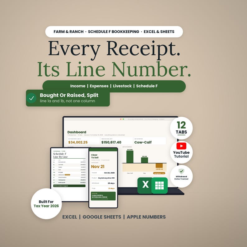 May include: A digital bookkeeping template for farm and ranch Schedule F taxes, compatible with Excel, Google Sheets, and Apple Numbers. The graphic displays a dashboard, 12 tabs, a YouTube tutorial icon, and text: Every Receipt. Its Line Number.