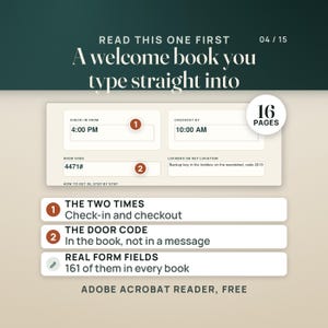 Puede incluir: Una plantilla de libro de bienvenida digital de 16 p&aacute;ginas con campos de formulario editables. La interfaz muestra horarios de entrada y salida, un c&oacute;digo de puerta y la ubicaci&oacute;n de la caja de llaves. Texto: READ THIS ONE FIRST.