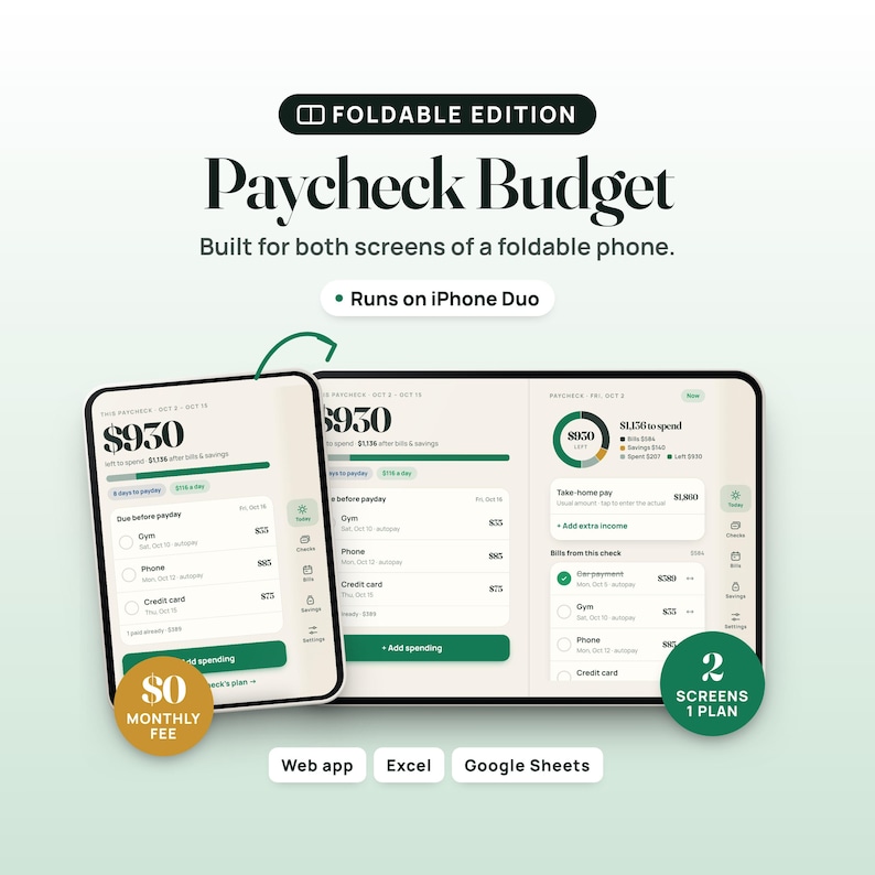 Paycheck Budget Web App, Offline Budget Planner with Two-Screen Layout, Compatible with iPhone Duo image 1