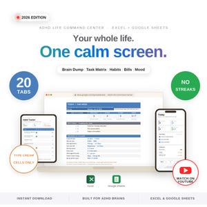 K&ouml;nnte beinhalten: Ein digitaler ADHD Life Command Center Planer f&uuml;r Excel und Google Sheets, Ausgabe 2026. Die Benutzeroberfl&auml;che zeigt ein Dashboard mit Reitern f&uuml;r Brain Dump, Task Matrix, Habits, Bills und Mood. Enth&auml;lt einen Laptop, ein Tablet und ein Smartphone.