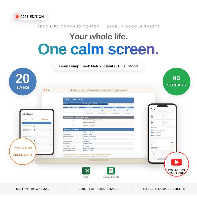 K&ouml;nnte beinhalten: Ein digitaler ADHD Life Command Center Planer f&uuml;r Excel und Google Sheets, Ausgabe 2026. Die Benutzeroberfl&auml;che zeigt ein Dashboard mit Reitern f&uuml;r Brain Dump, Task Matrix, Habits, Bills und Mood. Enth&auml;lt einen Laptop, ein Tablet und ein Smartphone.
