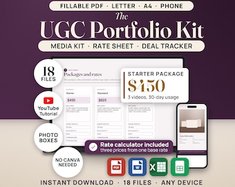 May include: A digital UGC Portfolio Kit featuring a fillable PDF, letter, A4, and phone formats. Includes a media kit, rate sheet, and deal tracker with 18 files. Features a rate calculator, YouTube tutorial, and compatibility with PDF, Word, and Excel.