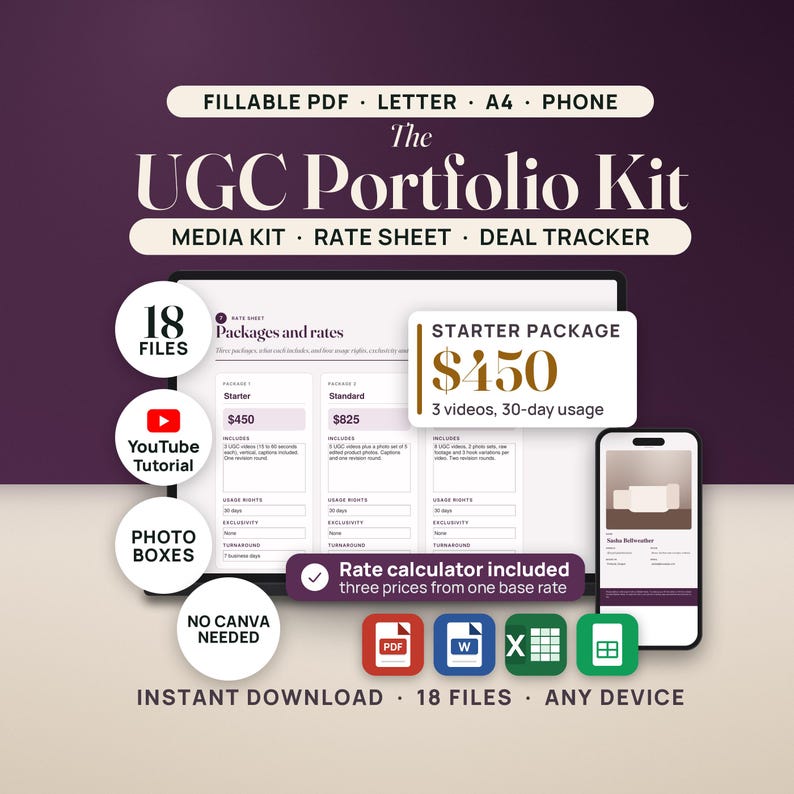 The UGC Portfolio Kit on a plum wall: a laptop shows the filled Rate Sheet page of the fillable PDF portfolio, with Starter $450, Standard $825 and Premium $1,600 at 30 days of usage, and a chip magnifies the Starter package, 3 videos, 30-day usage. A phone shows the portfolio's phone edition cover. Seals read 18 files, YouTube tutorial, photo boxes and no Canva needed; tiles show PDF, Word, Excel and Google Sheets.