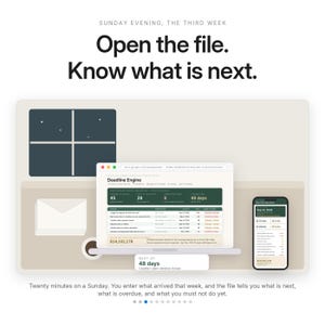 May include: A digital dashboard titled Deadline Engine displayed on a laptop and smartphone screen. The interface features dark green headers, data tables, and financial summaries. Text reads: Open the file. Know what is next. Sunday evening, the third week.