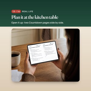 K&ouml;nnte beinhalten: Ein digitales Tablet mit einer Planer-Oberfl&auml;che, die zwei Seiten nebeneinander mit dem Titel The Countdown, Day by Day anzeigt. Der Bildschirm zeigt Checklisten f&uuml;r Dezember-Daten. Der Text dar&uuml;ber lautet 13 / 14 REAL LIFE Plan it at the kitchen table.