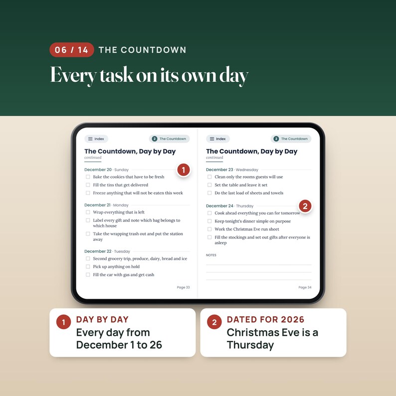K&ouml;nnte beinhalten: Eine digitale Planerseite mit dem Titel The Countdown, Day by Day, die Checklisten f&uuml;r den 20. bis 24. Dezember enth&auml;lt. Der Text umfasst Aufgaben wie Kekse backen, Geschenke einpacken und Str&uuml;mpfe f&uuml;llen. Das Layout zeigt zwei Spalten mit Kontrollk&auml;stchen und Notizbereichen, wobei die Seitenzahlen 33 und 34 unten sichtbar sind.