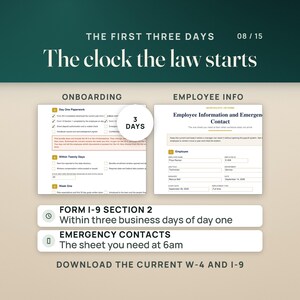 May include: An informational graphic titled The First Three Days, The clock the law starts, featuring two documents: Onboarding and Employee Info. It includes a 3 Days circular icon, checklists for paperwork, and text instructions for Form I-9 Section 2 and emergency contacts.